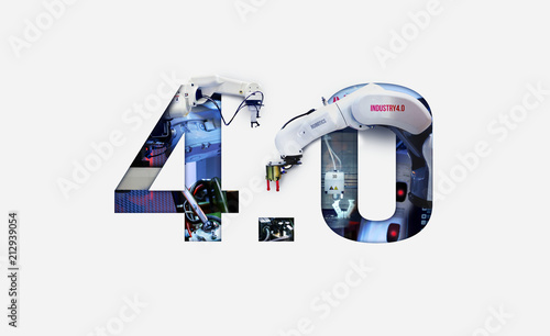 Fototapeta Koncepcja podwójnej ekspozycji Przemysłu 4.0. Druk 3D, Automatyka, Ramię robota i Autonomiczna technologia przemysłowa.