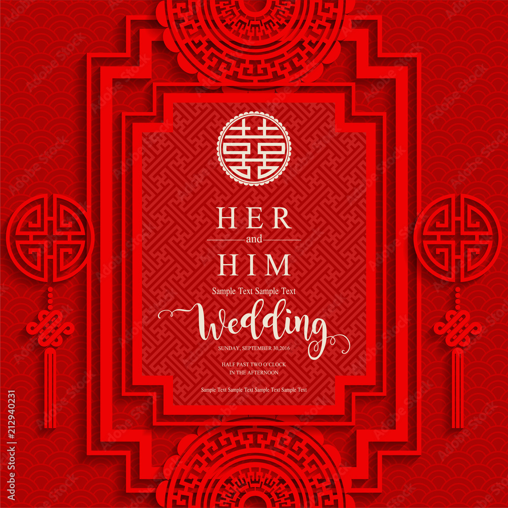 Fototapeta chinese oriental wedding Invitation card templates with beautiful patterned on paper color Background.