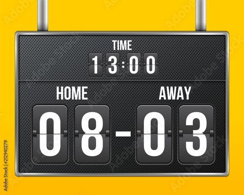 Creative vector illustration of soccer, football mechanical scoreboard isolated on transparent background. Art design retro vintage countdown with time, result display. Concept graphic sport element
