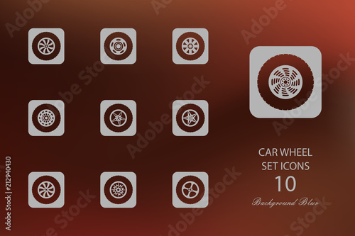 Car wheel. Set of flat icons on blurred background