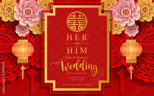 chinese oriental wedding Invitation card templates with beautiful patterned on paper color Background.