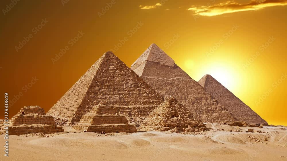 Timelapse Of The Great Pyramids In Giza Valley, Cairo, Egypt. Sunset over the pyramids.