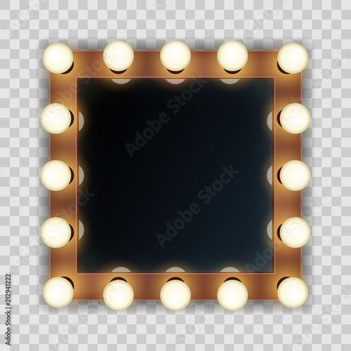 Creative vector illustration of makeup frame with light, volumetric marquee mirror isolated on transparent background. Art design retro electric bulbs, glowing lamps. Abstract concept graphic element
