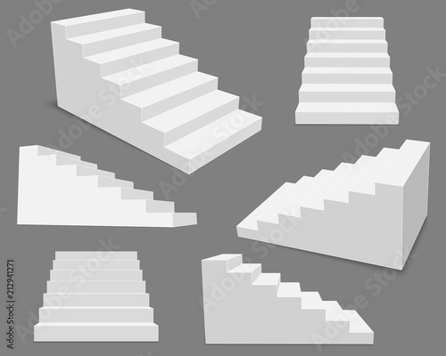 Creative vector illustration of 3d interior staircases, white stage set isolated on transparent background. Art design stairs steps collection. Abstract concept graphic business infographic element photo
