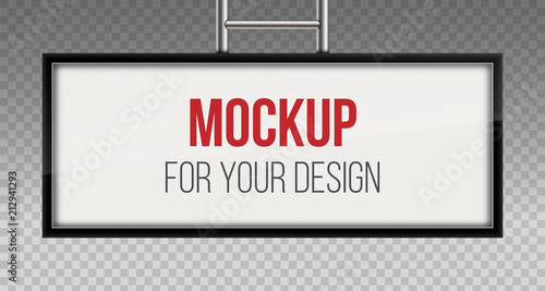 Creative vector illustration of street sign hanging mounted illuminated lightbox isolated on transparent background. Art design 3d realistic empty blank mockup template. Concept graphic element.