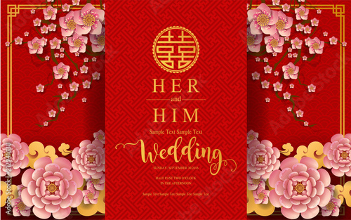 chinese oriental wedding Invitation card templates with beautiful patterned on paper color Background.