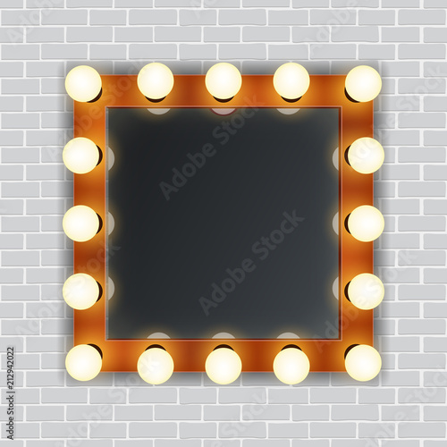 Creative vector illustration of makeup frame with light, volumetric marquee mirror isolated on transparent background. Art design retro electric bulbs, glowing lamps. Abstract concept graphic element