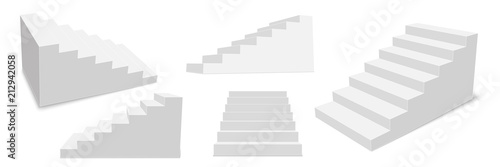 Creative vector illustration of 3d interior staircases  white stage set isolated on transparent background. Art design stairs steps collection. Abstract concept graphic business infographic element