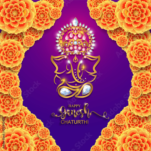 Festival of Ganesh Chaturthi with golden shiny Lord Ganesha patterned and crystals on paper color Background.