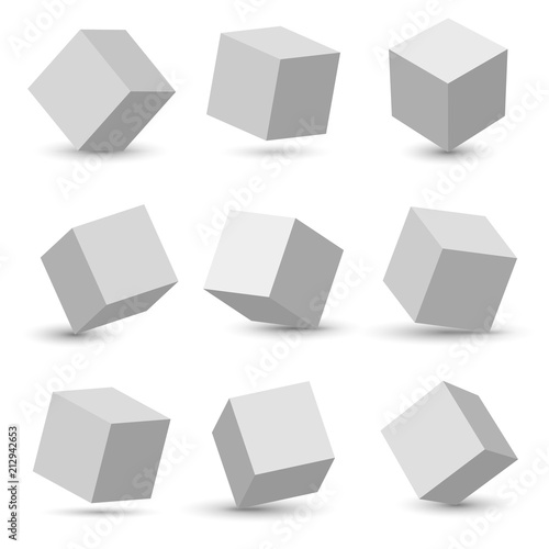 Creative vector illustration of perspective projections 3d cube model icons set with a shadow isolated on transparent background. Art design geometric surfac rotate. Abstract concept graphic element