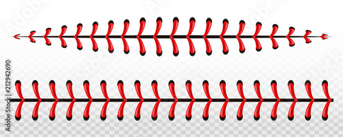 Creative vector illustration of sports baseball ball stitches, red lace seam isolated on transparent background. Art design thread decoration. Abstract concept graphic element