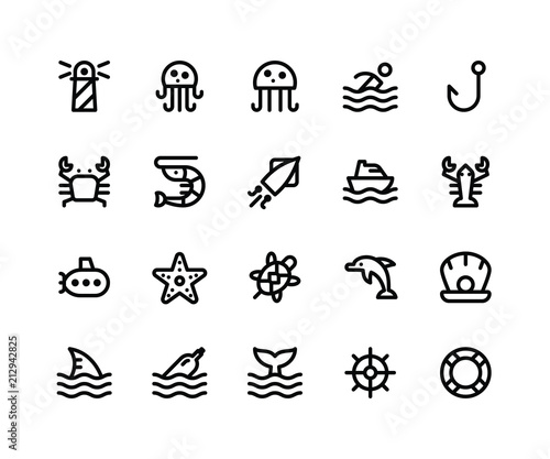 Simple Set of Camping Related Vector Line Icons. Contains such Icons as Lighthouse, Jellyfish, Crab, Shrimp, Squid and More. pixel perfect vector icons based on 32px grid editable strokes. Well Organi