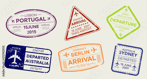 Creative vector illustration of international business travel visa passport stamp set isolated on transparent background. Art design variety rubber city arrival sign. Abstract concept graphic element.