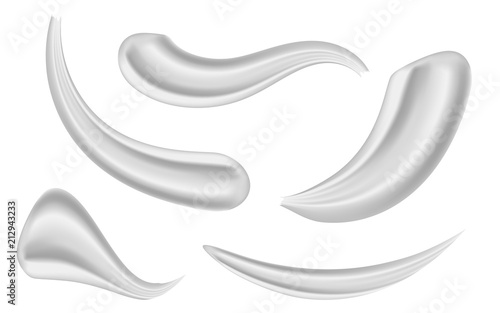 Creative vector illustration of various strokes beauty face cosmetic white cream texture set isolated on transparent background. Art design gel or foam drop. Abstract concept graphic element.