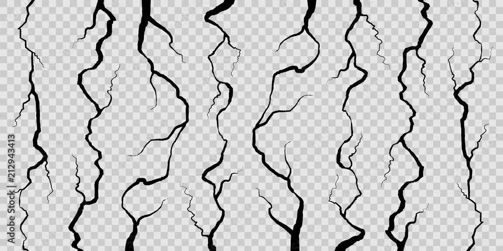 Creative vector illustration of realistic wall cracks set isolated on transparent background. Art design fracture rift on surface ground. Abstract concept graphic cleft broken collapse element.