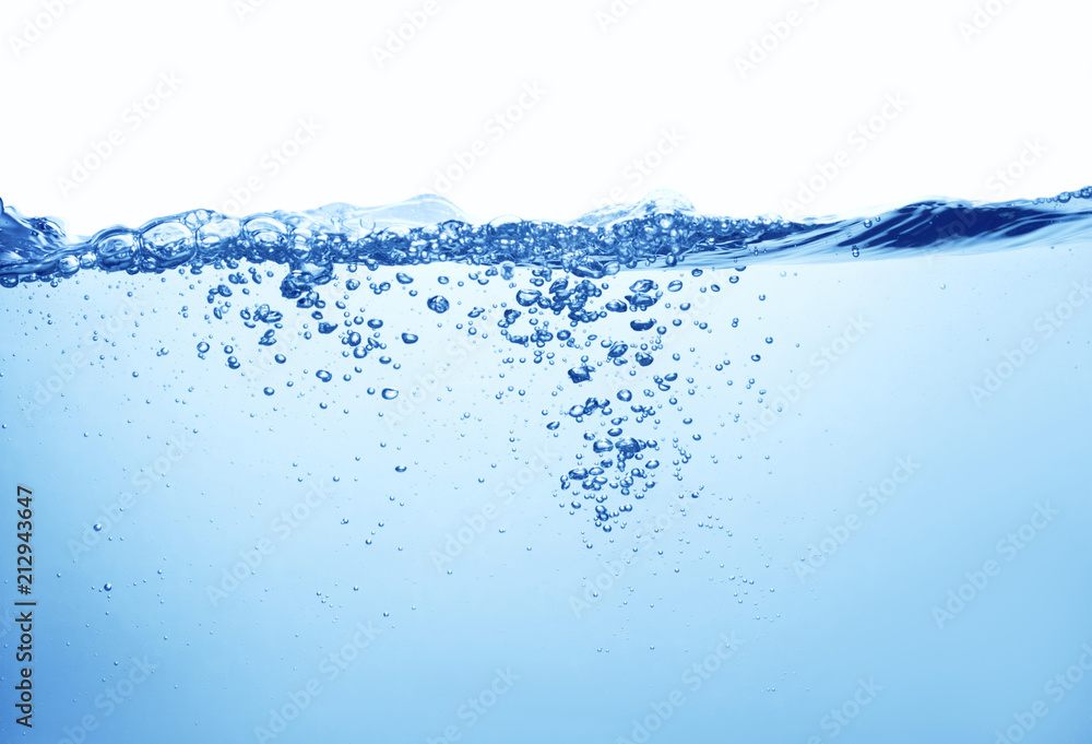 water with splash and air bubbles on white background water with splash and air bubbles on white background