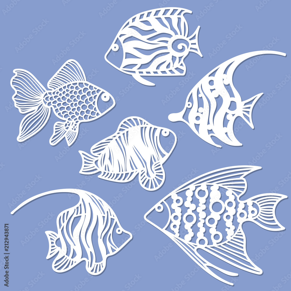 Set of fish for laser cutting. Suitable for cutting from paper, wood metal.  For the design of postcards, menus and interior details. Stock Vector |  Adobe Stock