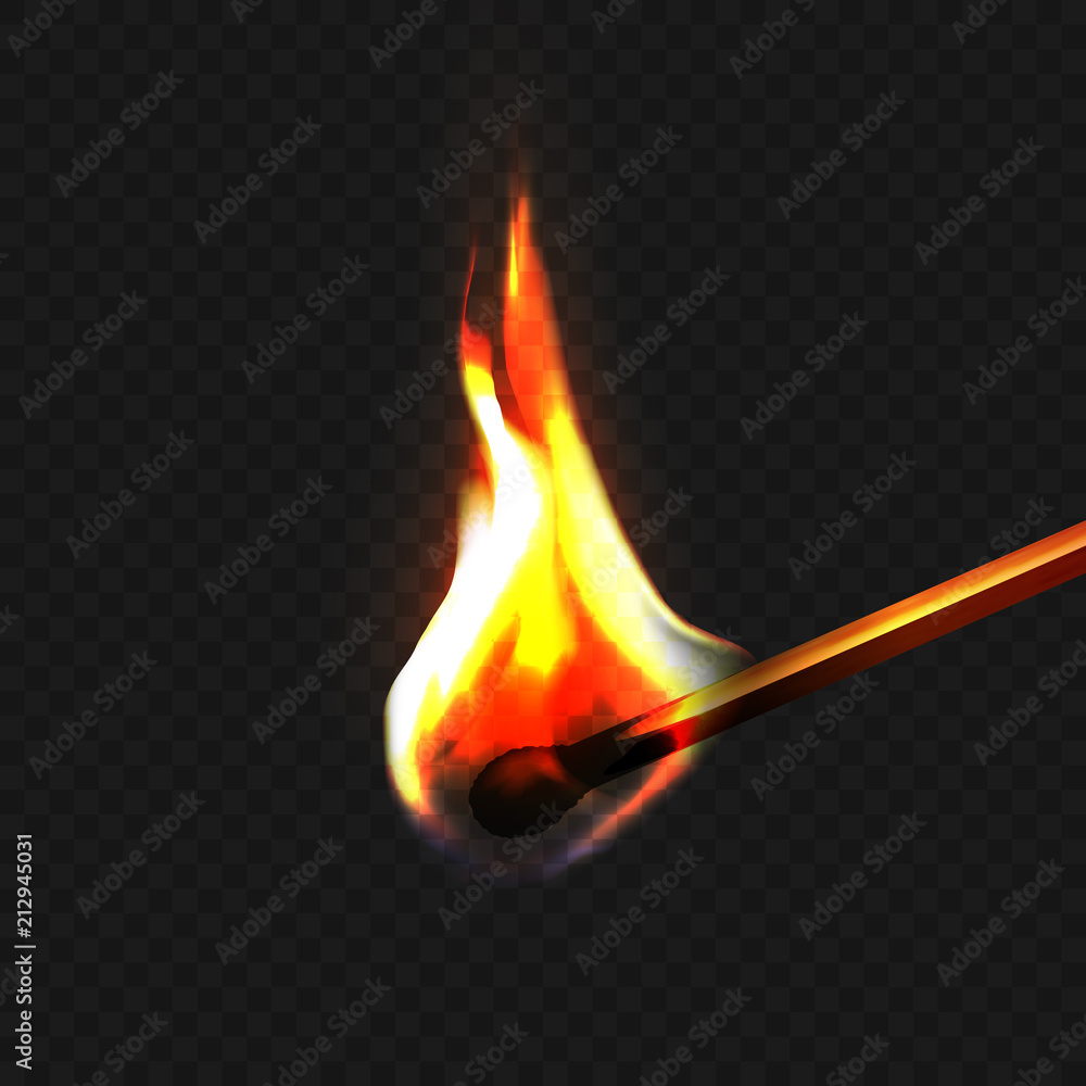 Stock vector illustration realistic burning match isolated on a transparent background. Fire. EPS10