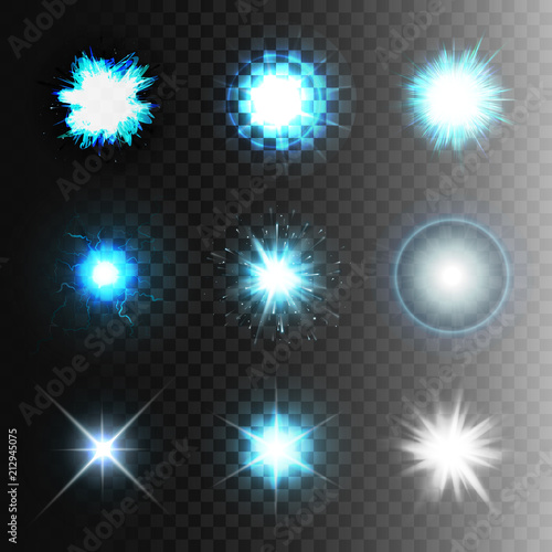 Stock vector illustration set ball lightning a transparent background. Abstract plasma sphere. Electric discharge, stars, flash, the sun, glow, lighting effects. EPS10