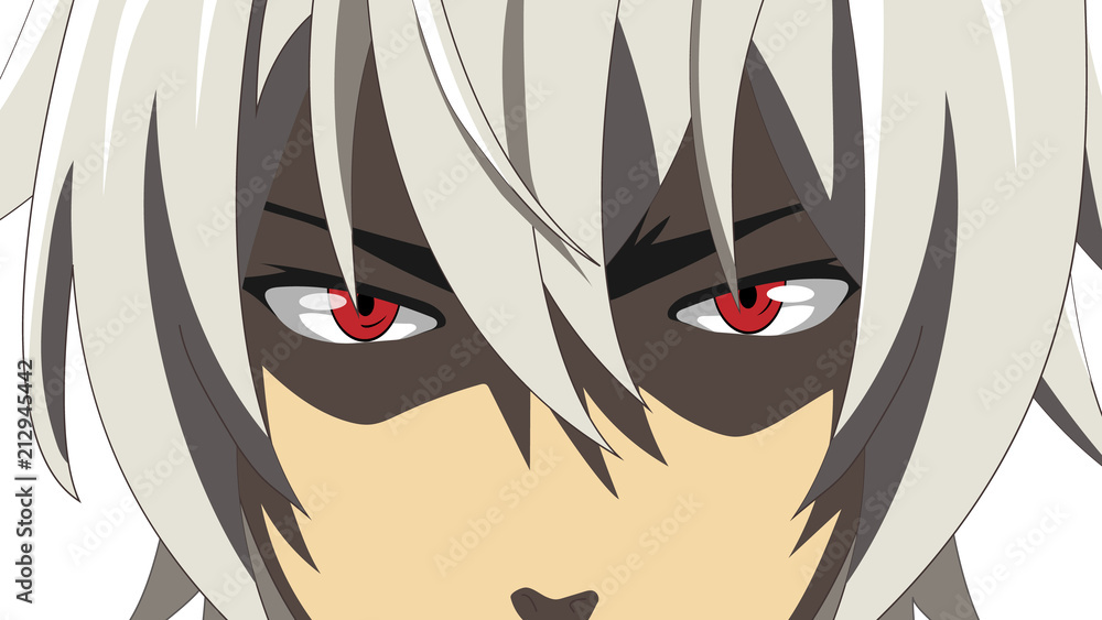 Fototapeta Kreskówka twarz z czerwonymi oczami na białym tle. Baner internetowy dla anime, manga w stylu japońskim. Ilustracji wektorowych