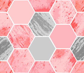 Handdoek met foto Marmeren hexagons patronen Geometrische hexagons in roze en grijs  © Xenia800