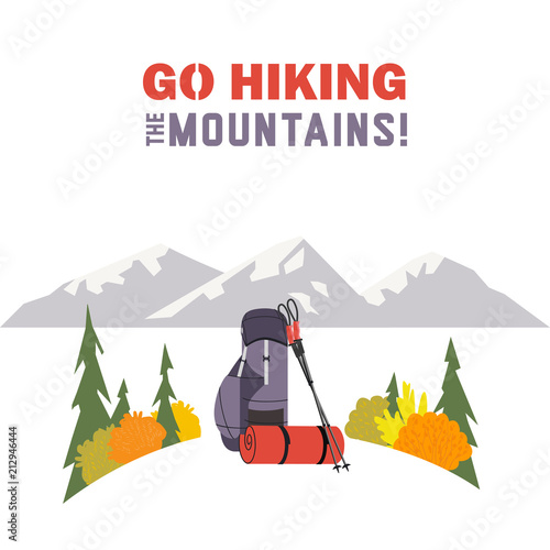 Hiking equipment icon. Go on a hike slogan. Time hiking the mountains design element in retro color. Adventure journey symbols, backpack, trekking poles. Tourist banner background. Vector illustration