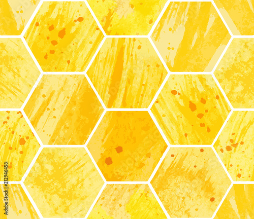 Abstract geometric seamless pattern with honeycomb. Watercolor yellow hexagon with texture of stain, spray, splash and spot, fashion elements. Vector illustration.
