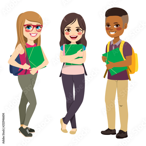 Three cute happy young students standing holding green folder