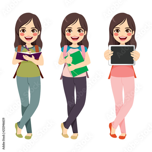 Young brunette student girl standing holding folder writing on notebook and showing tablet device