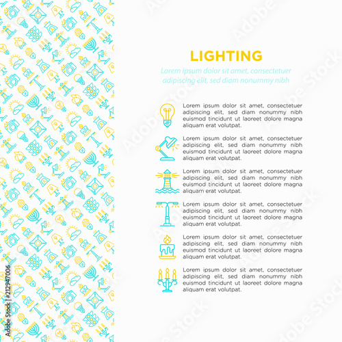 Lighting concept with thin line icons: bulb, LED, CFL, candle, table lamp, sunlight, spotlight, flash, candelabrum, bonfire, menorah, night aroma lamp. Vector illustration, print media template.