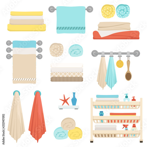 Set of elements for the design of the bathroom towels, shelves with brushes and hygiene. Vector illustration