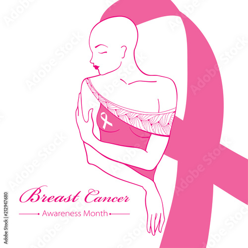 Vector drawing bald woman after chemotherapy with pink ribbon isolated on white background. Breast Cancer Awareness Month symbol. Design for international health campaign for woman in October.