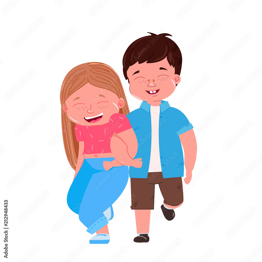 Go boy and girl go beside on arm. Friend hugs. Child friendship love Go boy and girl go beside on arm. Friend hugs. Child friendship love