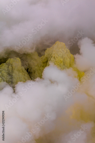 Sulfur mining, Mount Ijen crater lake, Indonesia