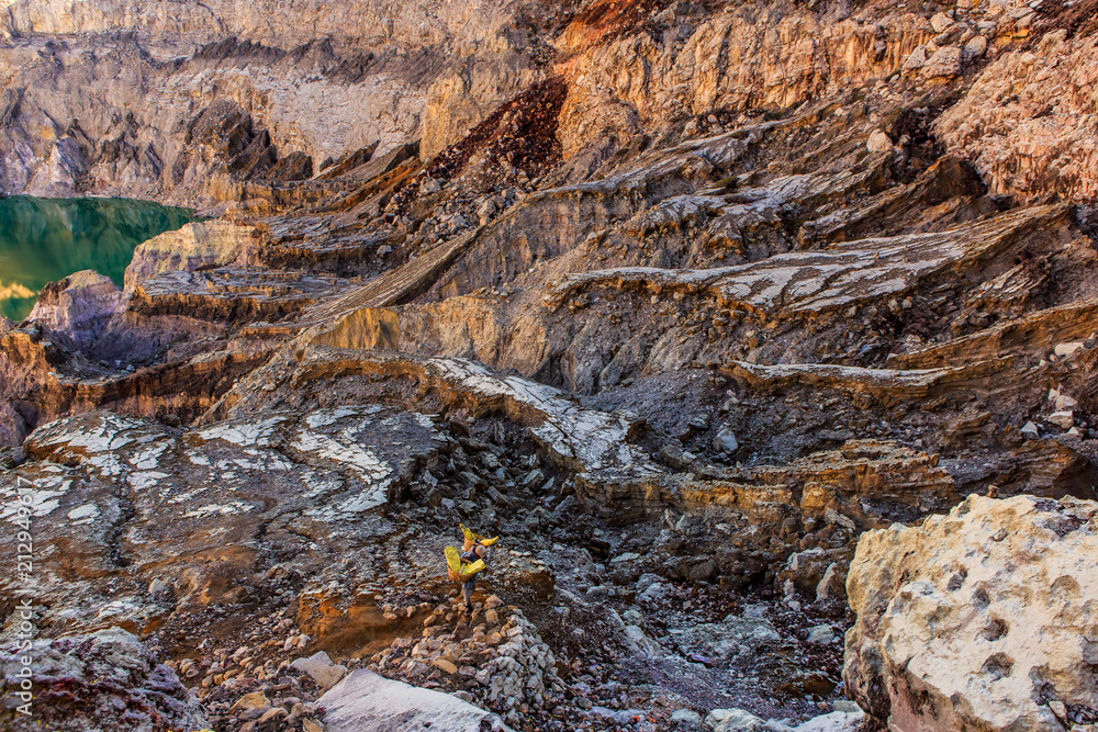 Sulfur mining, Mount Ijen crater lake, Indonesia Sulfur mining, Mount Ijen crater lake, Indonesia