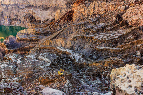 Sulfur mining, Mount Ijen crater lake, Indonesia