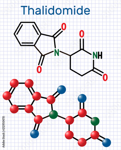 Thalidomide molecule. Is used as a treatment of multiple myeloma and of leprosy. Structural chemical formula and molecule model