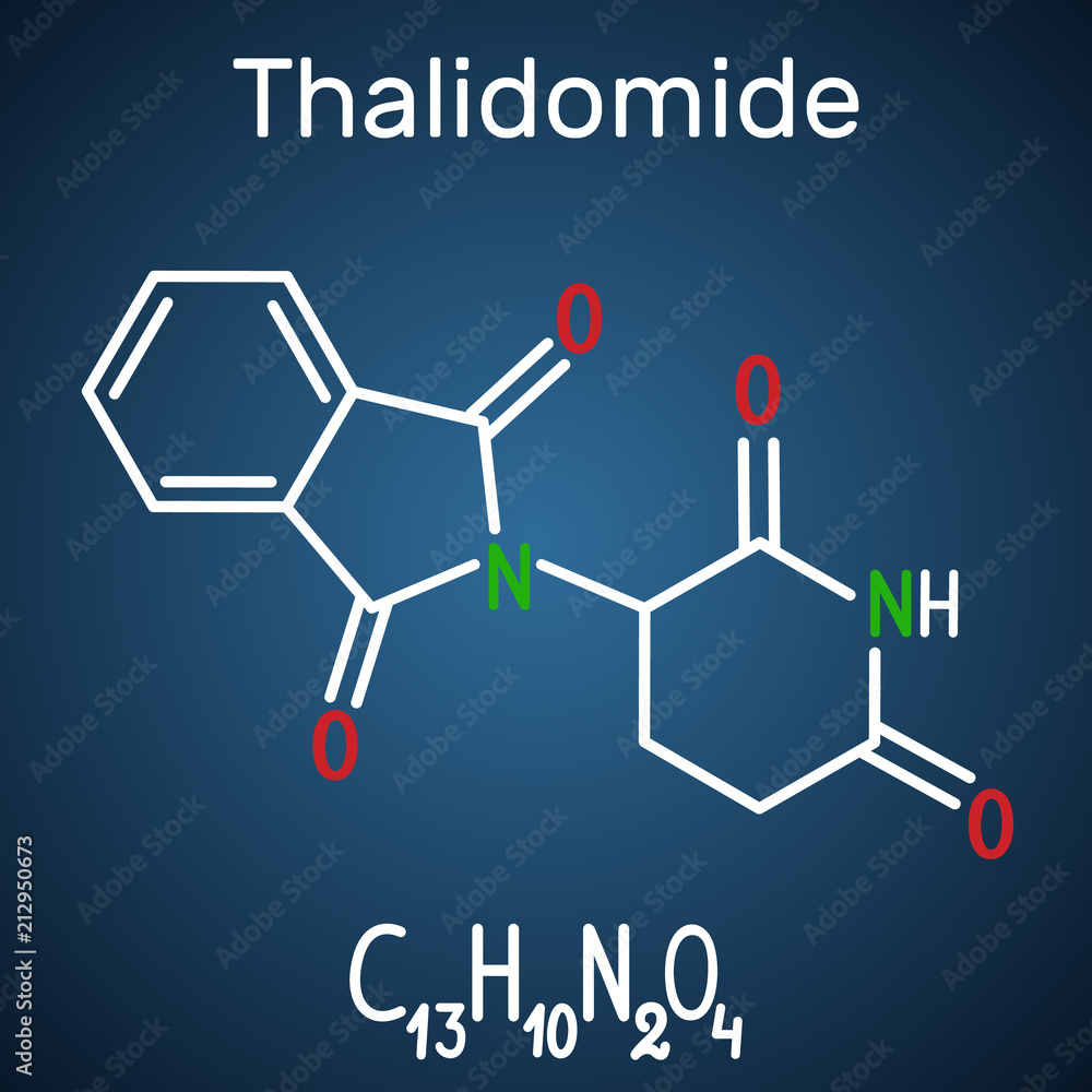 Thalidomide molecule. Is used as a treatment of multiple myeloma and of leprosy. Structural chemical formula and molecule model on the dark blue background Thalidomide molecule. Is used as a treatment of multiple myeloma and of leprosy. Structural chemical formula and molecule model on the dark blue background