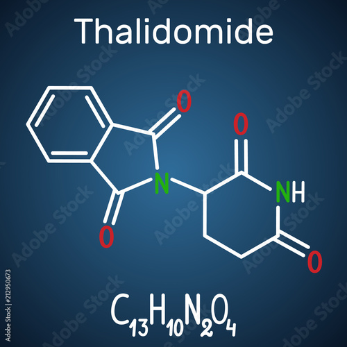 Thalidomide molecule. Is used as a treatment of multiple myeloma and of leprosy. Structural chemical formula and molecule model on the dark blue background