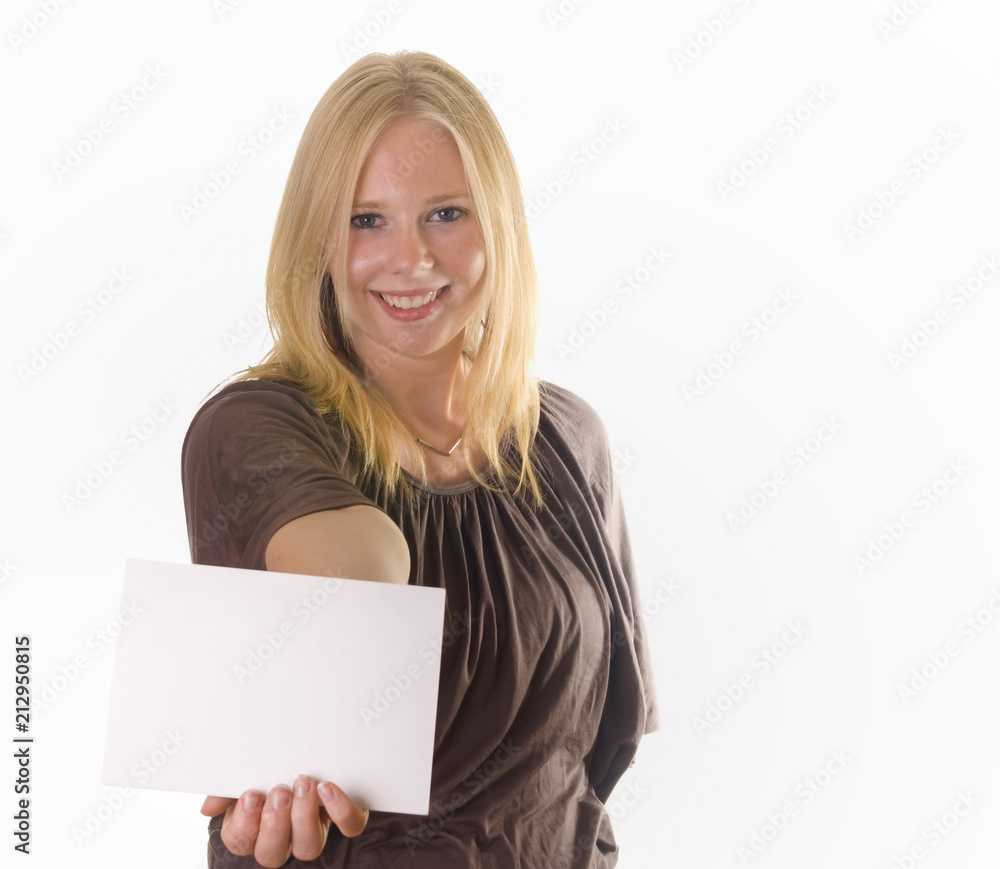 Blonde with blank card Blonde with blank card