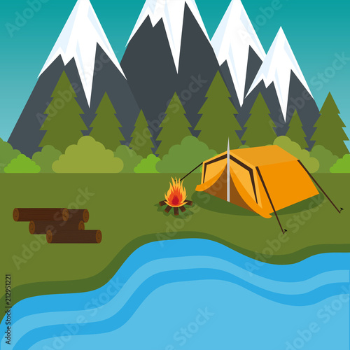 camping zone with tent and campfire