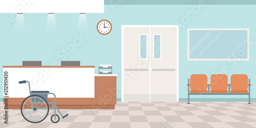 Hospital reception. Empty nurses station. Corridor with armchairs. Flat style, vector illustration.