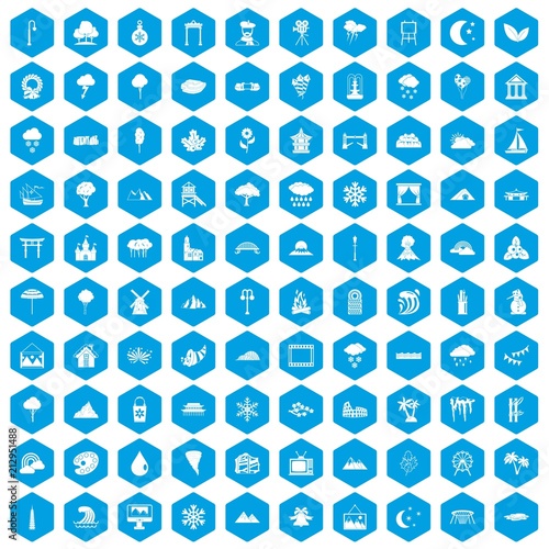 100 scenery icons set in blue hexagon isolated vector illustration