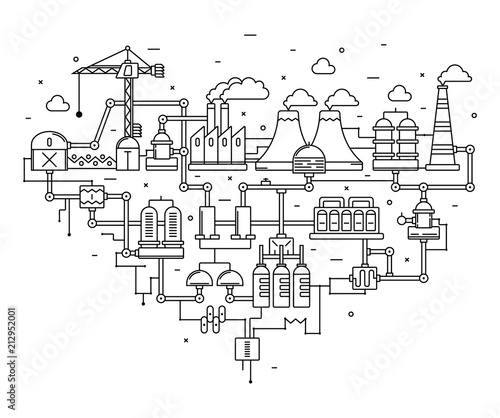 Industrial factory technology process with ecology concept. Thin Line. Flat style. Line art.