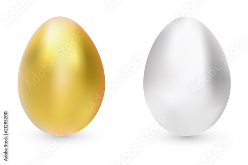 Vector illustration, gold and silver eggs isolated on white background with shadow. Easter eggs