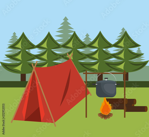 camping zone with tent and campfire