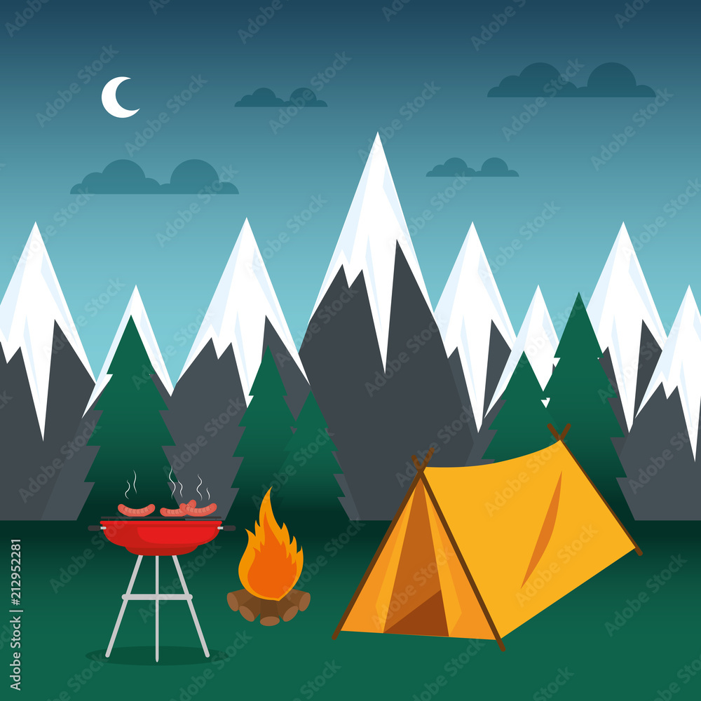 camping zone with tent and campfire camping zone with tent and campfire