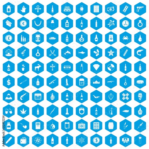 100 smuggling goods icons set in blue hexagon isolated vector illustration