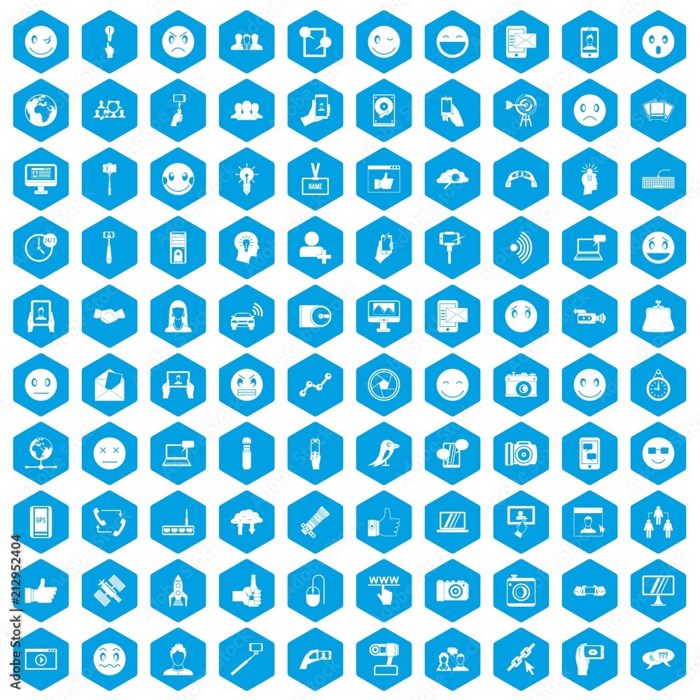 100 social media icons set in blue hexagon isolated vector illustration 100 social media icons set in blue hexagon isolated vector illustration