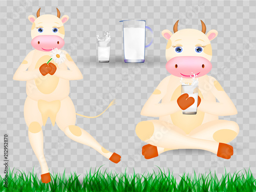 Set of two happy cartoon cows sitting and standng. Farm Milk. Vector illustration photo